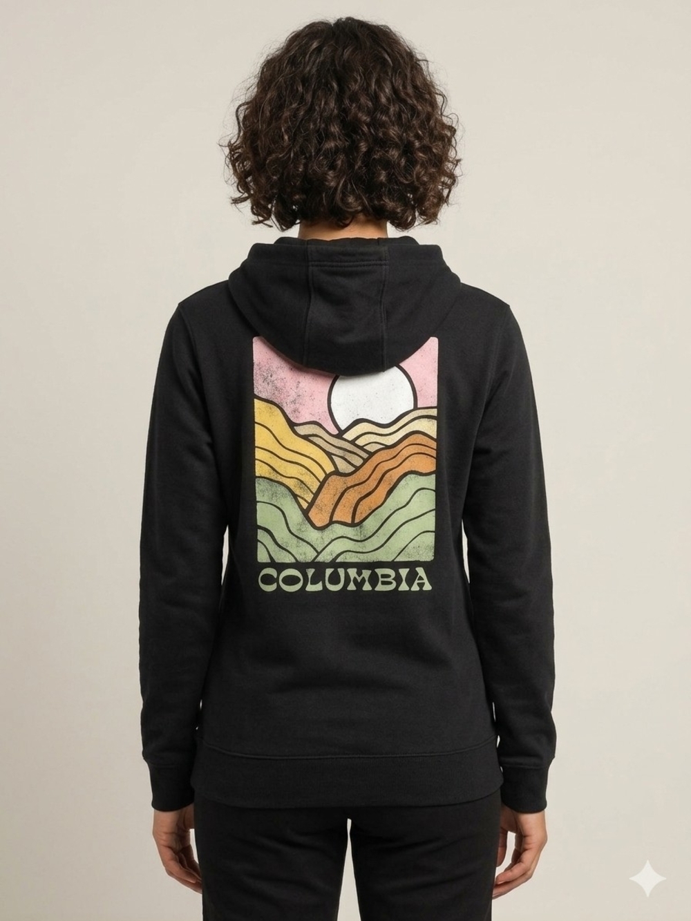 Columbia Black Hoodie with Retro Multicolor Landscape Graphic